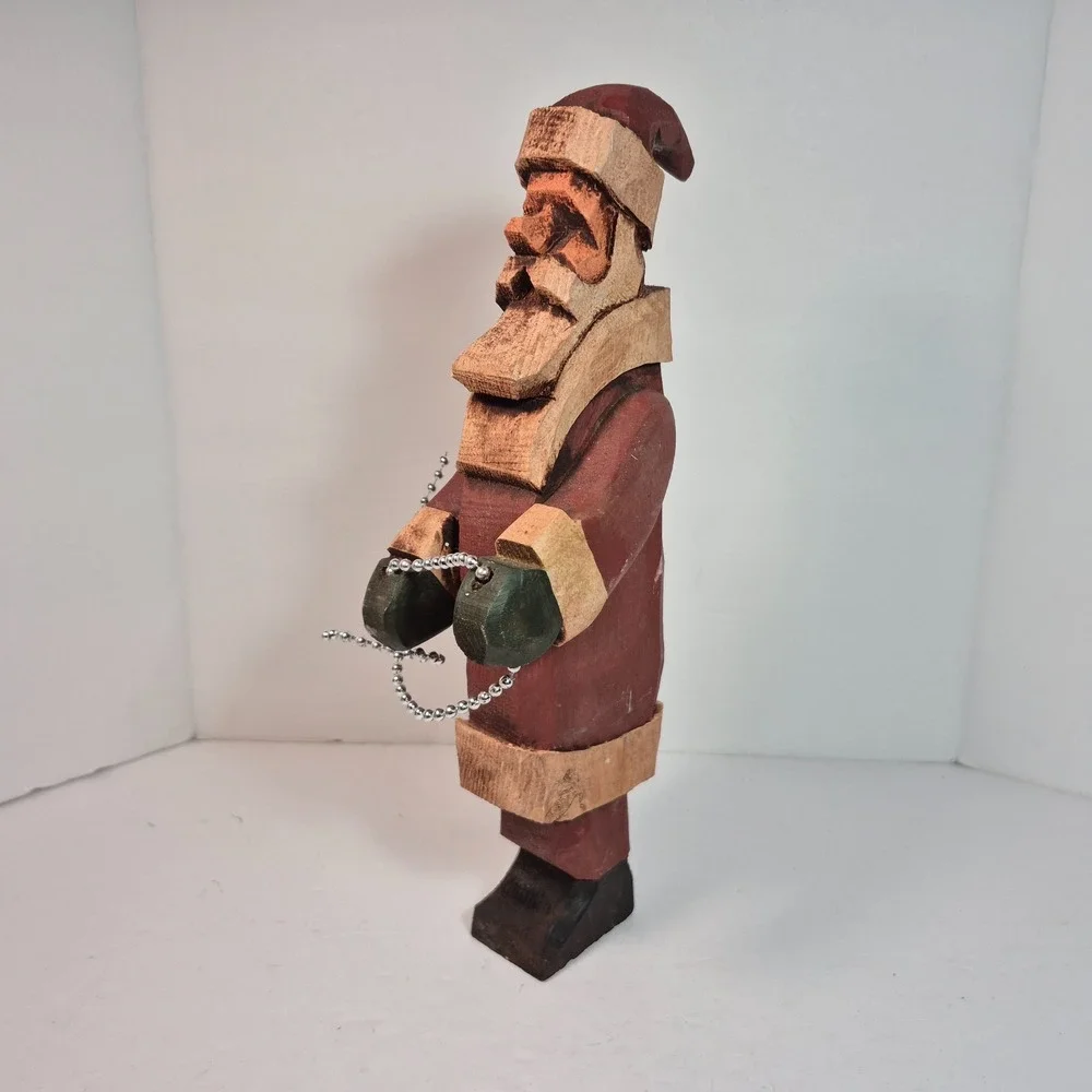 Hand Carved Folk Art Wood Santa Stringing Christmas Lights Signed JFS 11